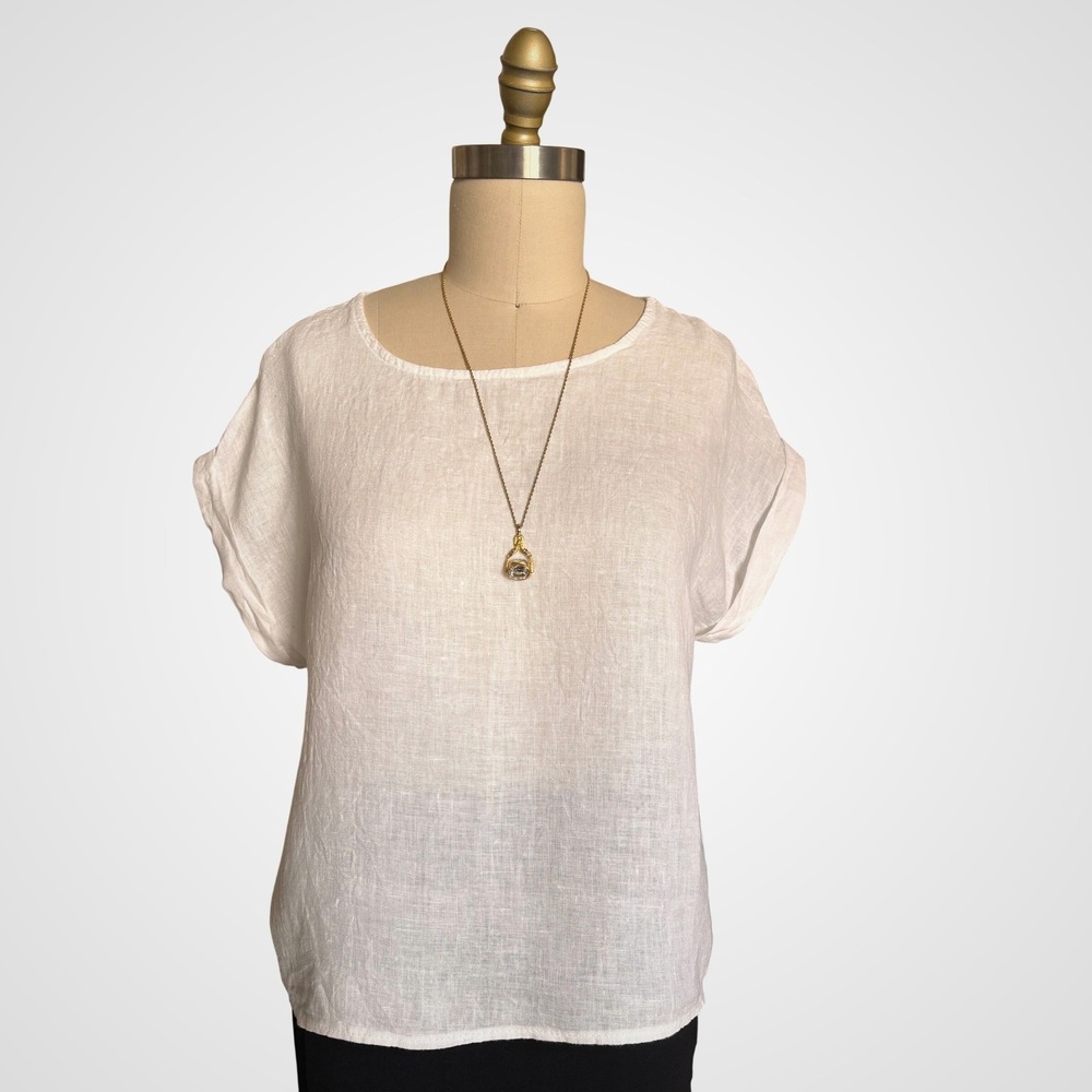 Giusy Linen Blouse Womens Small White Made in Italy Short Sleeve Scoop Neck Top